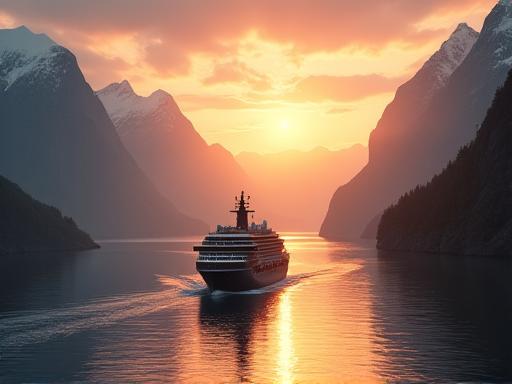 A luxury cruise ship sailing through a scenic fjord at sunset.