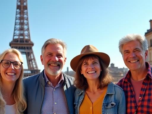 A smiling group of seniors posing in front of a historic European landmark.