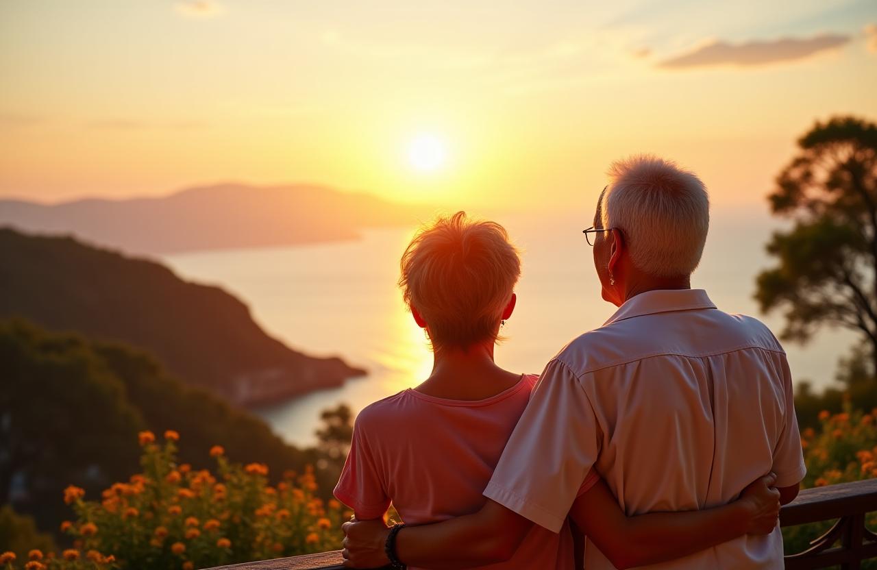 Happy senior couple enjoying a scenic view from a balcony on their holiday.