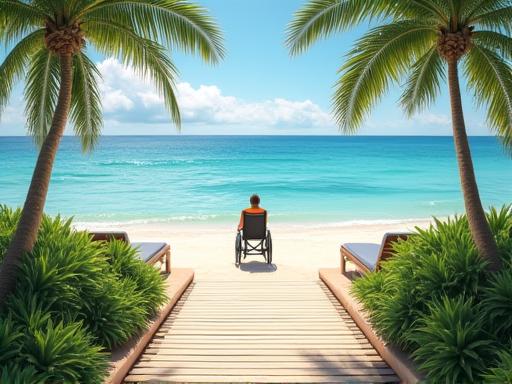 A serene, accessible beach resort with a ramp leading towards the water.